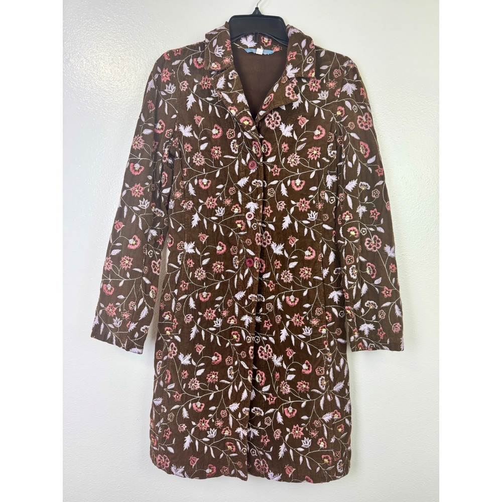 Johnny Was Embroidered Corduroy Long Coat Jacket Brown Floral Boho Whimsigoth S - Picture 2 of 10